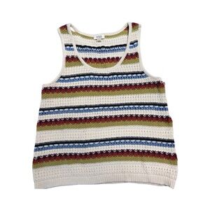 a.n.a Y2K Sleeveless Crew Neck Striped Knit Top Blue Green Rust Cream Size L